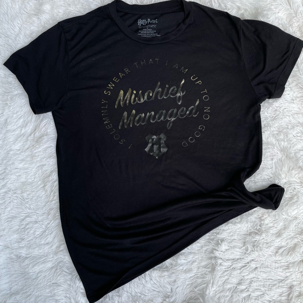 Harry Potter Mischief Managed Gold Spellout Black Oversized Soft Tee meduim - Picture 3 of 7